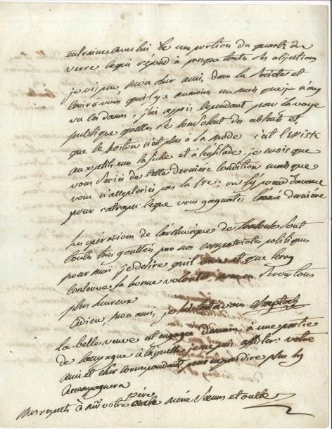 Jean-Antoine CHAPTAL (1756-1832) chimiste et homme d’État. L.A.S., 17 juin 1787, [à son ami Jean-Pierre Marcassus de Puymaurin (1757-1841)] ; 4 pages in-4.
   Longue lettre scientifique, alors qu’il travaille à ses Éléments de Chimie (1790).
   Il acquiesce avec plaisir aux arrangements proposés ; il sera à Toulouse un mois avant les États, « l’établissement sera bien avancé et nous verrons d’en approprier l’intérieur d’une manière convenable. Je vous porterai un état très circonstancié de ce quil nous faut tant en instruments qu’en morceaux d’histoire naturelle, nous pourrions même donner à cette époque les principes chimiques c’est laffaire de 15 à 20 leçons et […] presque toutes les expériences qui y sont relatives se font sans feu ce qui arrange n’ayant encore aucun local approprié pour en faire, la salle de physique sera suffisante »… Il prendra Reboul en passant à Pézenas, et augure bien de la suite ; il lui fera lire le cours de chimie qu’il rédige en ce moment. « Je poursuis toujours les objets de ma fabrique et vais avoir terminé mon établissement d’alun, je partirai dans 15 jours pour aller former l’établissement en verre à Vitré de Mr Rey »… Il parle des deux nouvelles verreries en Champagne et en Bourgogne, dont les matières premières sont le feldspath et la lave ; à Vitré, on a composé avec du sable blanc, du feldspath et de la craie… « Dites à Reboul que le concours de la lumière et de l’air fait végéter les sels comme les plantes surtout les métalliques et les autres qui sont avec excès d’acide. Il suffit pour faire les experiences de saturer l’eau d’un sel à la température de l’atmosphère, de couvrir bien exactement la moitié du vase en dessus et en dessous avec du taffetas noir et d’exposer à une lumière reflechie la partie de la liqueur qui est à nud, les experiences sont delicates mais le succès est constant et je suis vers la fin après les avoir repetées variées et repondu à toutes les objections. Dites au même que Kirwan en m’annonçant que