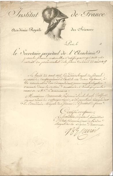 NATURALISTES. 6 lettres ou pièces, la plupart L.A.S.
   Georges Cuvier (1825, p.s., nomination de Desmarets à l’Académie des Sciences), Isidore Geoffroy Saint-Hilaire (4 l.a.s. au prince Charles Bonaparte, 1851-1855), Jean-Baptiste de Lamarck (1796, p.a.s., reçu de ses droits pour la Flore française).
