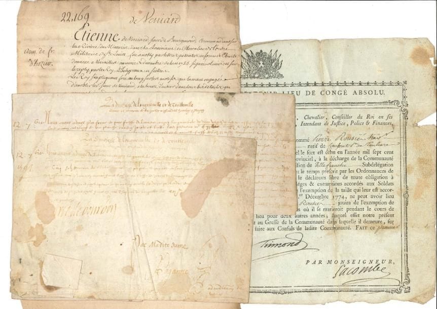 Ancien régime. 21 pièces, XVIe-XVIIIe siècle ; sur papier ou vélin.
   Marie de Bourbon, duchesse de Longueville et d’Estoutteville (2, sur vélin, 1594). Contrat de tailles (1646). Expédition de lettres de continuation données par Innocent IV, de dons faits au prieuré de Notre-Dame de Beaumont en 1244 (1656). Constitution de rente (Paris 1698). Copie des testaments d’Athanase Tipaldÿ et de Jean Thierry faits à Corfou 1636-1654 (Paris 1746). Inventaires à la requête d’un piqueur à la petite écurie du Roi à Versailles et du premier garçon du château de Versailles (1762, 1772). Certificat de congé pour un soldat provincial, signé par Daniel-Victor de Trimond (Montauban 1786). Titre de propriété (Montargis 1787). Extrait des Armoiries de France d’Hozier, actes de cautionnement pour les droits des fermes générales unies, mémoire pour l’élargissement d’une route royale, état des Capétiens jusqu’à Louis XII, divers documents notariés…