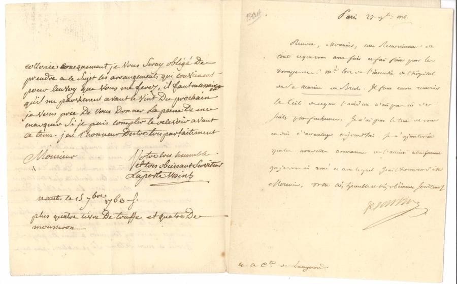 Ancien régime. 3 L.A.S., 1 L.S. et 1 P.S., XVIIIe siècle.
   Paul-Jules de La Porte-Vezins :3 l.a.s., à Gradis, négociant à Bordeaux, 1763 (petite déchir. à une lettre). Antoine de Sartine (au comte de Langeron, sur l’incendie de l’hôpital de la marine de Brest, 1776). Brevet d’inspecteur des troupes des galères pour le chevalier de Langeron, par Louis XIV (secrétaire), contresigné par Phelypeaux (1710, défauts).