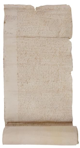 BRETAGNE. Charte, 7 août 1522 ; 4 vélins cousus en rouleau (196 x 34 cm) ; en français (2 trous affectant le texte, légère trace de moisissure en marge).
   Contestation et transaction après arbitrage entre le recteur de Vezin et les moines de l’abbaye bénédictine de Saint-Melaine près de Rennes, concernant la dime et la reconnaissance de divers droits.