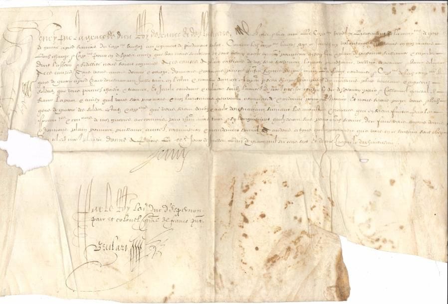 HENRI IV (1553-1610) Roi de France et de Navarre. P.S., Paris 20 juillet 1607 ; contresignée par le secrétaire d’État Pierre Brulart ; vélin oblong in-fol. (petites brunissures, trou en marge avec perte de qqs lettres).
   Commission pour le sieur de Verdelin remplaçant le capitaine Buchoz dans la charge de lieutenant de la compagnie de gens de guerre à pied au régiment de Piémont, sous l’autorité du duc d’Épernon, colonel général de France.