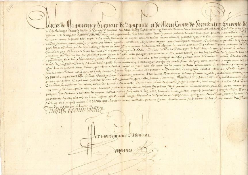 Charles de Montmorency, duc de Damville (1537-1612) amiral de France. P.S., Paris 3 mars 1604 ; 1 page in-plano (trace de sceau).
   Congé donné au capitaine Jehan France de Briz pour le navire la Pucelle de Dol, présent « au port de la ville françoise de grace », pour aller sur les côtes de l’Afrique, et même par delà le Cap de Bonne Espérance, en Asie, « ou vers les Isles du Perou, pays du Bresil tant a lamont qu’a laval et aultres lieux et endroits de la Mexique et Amerique »... On joint une quittance (Lyon 1620).