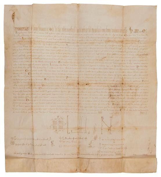 Sinibaldo Fieschi, Innocent IV (1180 ?-1254) Pape en 1243, il lutta contre l’Empereur Frédéric II. Bulle originale portant la rota, la signature et la souscription du Pape et le monogramme, avec les signatures de neuf cardinaux ou prélats, Perugia (Pérouse) Ides de mars 1251 [15 mars 1252] ; parchemin in-plano (61,5 x 57 cm), la première ligne en grandes lettres ornées avec initiale (quelques fentes et petits trous aux plis) ; en latin.
   Rarissime document papal de 1252, en bel état.
   Le pape, dans la neuvième année de son pontificat, s’adresse à l’abbé du monastère de Santa Lucia de Rasa, de l’ordre de Saint Benoît, dans le diocèse d’Orvieto. Il place le monastère sous la protection du siège apostolique, et il confirme les biens et les droits de l’abbaye.
   La bulle présente la rota portant le nom du pontife et sa devise (Notas fac michi domine vias vitæ), avec la croix probablement autographe, la signature Ego Innocentus catholice ecclie eps probablement tracée par la chancellerie avce de grandes hampes, la souscription SS (Subscripsi) probablement autographe, et le grand monogramme de la Benevalete.
   La bulle a été en outre signée par neuf cardinaux et prélats, avec leur croix, leur nom et la souscription : deux cardinaux-prêtres dans la colonne de gauche, trois évêques (Velletri, Albano, Sabina) dans la colonne centrale, et quatre cardinaux-diacres dans la colonne de droite. Parmi les trois évêques, le premier, « Ego Runaldus Ostiensis Velletrensis Eps » (Rinaldo Conti di Segni), deviendra Pape en 1254 sous le nom d’Alexandre IV. 
   Au bas de la bulle, authentification de la chancellerie.