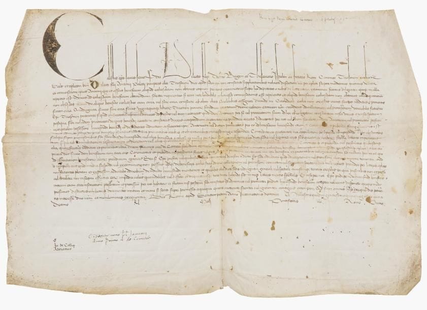 Alonso Borgia, Calixte III (1378-1458) Pape en 1455, il appela à la croisade contre les Ottomans. Bulle manuscrite en son nom, Rome à Saint-Pierre 15 avril 1455, 1re année de son pontificat ; vélin in-plano (34 x 50 cm), grande initiale (mouillures, petits trous) ; en latin.
   Le Pape s’adresse au doyen de Burgos, au trésorier d’Hispalis (Séville) et Ferrare et chanoine de Tarragona (Espagne), pour faire doter d’un bénéfice Antoine Palatius, clerc pauvre du diocèse de Tarragona...