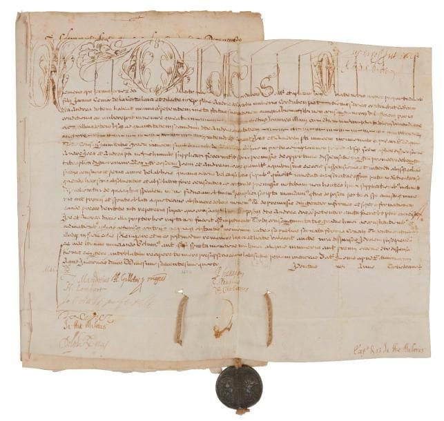 Ippolito Aldebrandini, Clément VIII (1536-1605) Pape en 1592. Bulle manuscrite en son nom, Rome à Saint-Marc 15 mai 1604, 13e année de son pontificat ; vélin oblong in-fol. (23 x 36 cm), cousu à une traduction espagnole sur papier de l’époque, lettres capitales ornées à la 1re ligne, sceau en plomb Clemens Papa VIII pendant sur cordelette de chanvre ; en latin.
   Dispense en mariage en faveur de Juan seigneur de La Cerda, et d’Andrea de Cordoba. Une dizaine de signatures de chancellerie au bas du document.