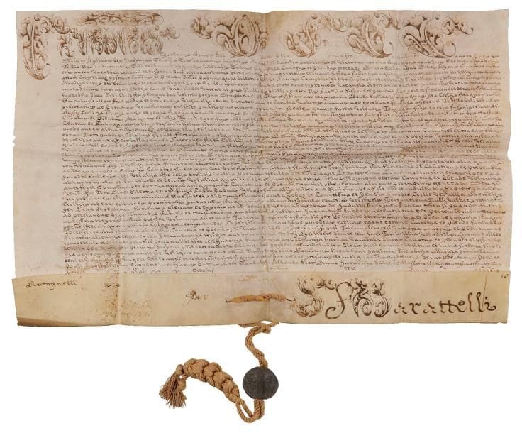 Carlo Rezzonico, Clément XIII (1693-1769) Pape en 1758. Bulle manuscrite en son nom, Castel Gandolfo pridie des calendes d’octobre (30 septembre) 1760, 3e année de son pontificat ; vélin in-plano (37,5 x 58,5 cm), « Clementus » et 4 initiales de la première ligne en grandes lettres ornées de feuillages à la plume, sceau en plomb Clemens Papa XIII pendant sur cordelette rouge et jaune tressée (petits trous aux plis) ; en latin.
   Le Pape s’adresse à Francisco Condulmer, chanoine de Padoue, pour nommer Lorenzo Campolongo au chapitre de l’église de Padoue, avec la pension annuelle qui y est rattachée. Une dizaine de signatures de chancellerie au bas du document.