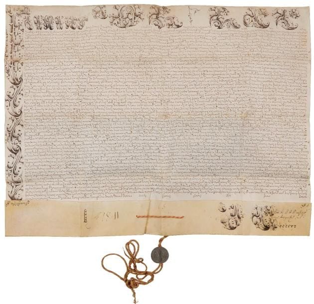 Lorenzo Ganganelli, Clément XIV (1705-1774) Pape en 1769, il supprima l’ordre des Jésuites et fonda les musées du Vatican. Bulle manuscrite en son nom, Rome à Sainte-Marie Majeure 17 des calendes d’avril 1772 (16 mars 1772), 4e année de son pontificat ; vélin in-plano (57 x 73,5 cm), « Clemens » avec grande lettrine et initiales de la 1ère ligne dans une riche ornementation de feuillages à la plume, sceau en plomb Clemens Papa XIV pendant sur cordelette rouge et jaune ; en latin.
   Très belle bulle de nomination d’Henri-Pierre-Louis de Hasque comme coadjuteur à Robert-Henri Limbourg, chanoine de la collégiale Saint-Jean l’Évangéliste de Liège. [Louis de Hasque obtiendra le canonicat de R.H. Limbourg, décédé en juillet 1783, et sera élu chantre le 14 octobre 1786 ; il conservera ses fonctions jusqu’à la suppression du chapitre. L. Lahaye, Inventaire analytique des chartes de la collégiale de St Jean l’Évangéliste à Liège, 1921, p. XLVIII.] Une dizaine de signatures de chancellerie au bas du document.