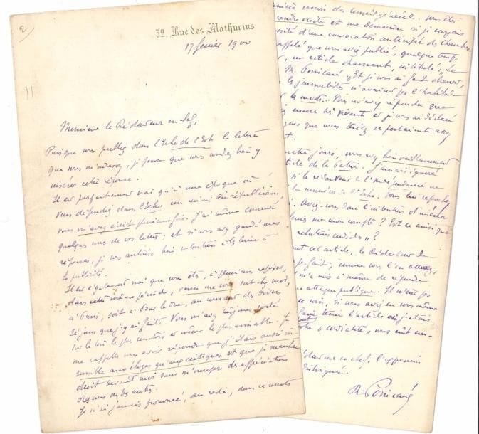 Raymond POINCARÉ (1860-1934) avocat, homme politique, Président de la République. L.A.S., 17 février 1900, au rédacteur en chef de L’Écho de l’Est ; 3 pages in-8 à son adresse.
   Vigoureuse réponse après un article diffamatoire. Il se souvient « qu’à une époque où vous défendiez dans l’Écho un ministère républicain » ils ont correspondu, et qu’ils ont eu plusieurs entretiens : « Vous m’avez toujours parlé sur le ton le plus courtois et même le plus aimable. Je me rappelle vous avoir répondu que j’étais aussi insensible aux éloges qu’aux critiques et que je marchais droit devant moi sans m’occuper des appréciations des uns ou des autres ». Il reproche au journaliste son manque d’honnêteté : il dit vouloir être républicain, mais mène quelque temps plus tard aux dernières législatives une violente campagne contre Jules Develle, « qui contrastait étrangement avec vos idées de conciliation ». Puis il a publié « un article charmant intitulé : Le suicide de M. Poincaré. Et je vous ai fait observer […] que les journalistes n’avaient pas l’habitude d’interviewer les morts ». Poincaré profite d’un nouvel incident pour répondre « publiquement à une attaque publique »… Etc.