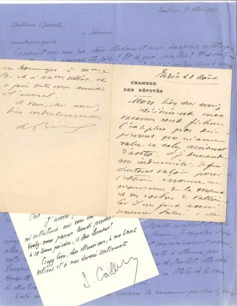 POLITIQUE. 9 pièces, la plupart L.A.S.
   Aristide Briand (l.a.s. sur un accident d’auto, l.s. de 1913 avec doc. joints sur l’état de siège en cas de guerre), Joseph Caillaux (1923, longue lettre à Mme Séverine, 1930 au conseiller Barré), Monique Pinay, Raymond Poincaré (à Clemenceau, 1919), Jacques Rueff (l.s. à Paul Lesourd, 1971).