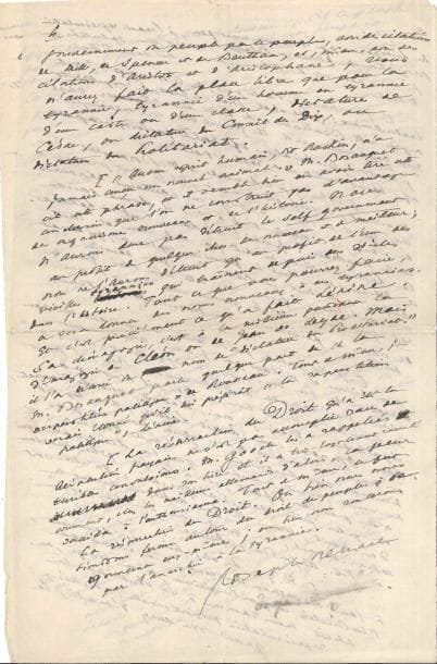 Joseph Reinach (1856-1921) homme politique et journaliste. Manuscrit autographe signé, De Rousseau à Lénine, [1920 ?] ; 4 pages in-fol.
   Réflexions sur la démocratie. « Le hasard réunit sur ma table une étude historique, certainement l’une des plus vivantes, des plus documentées et des plus précieuses qui aient paru depuis longtemps – Germany and the French Revolution, la dernière œuvre de M. Gooch [...] – et une étude de critique politique et sociale, pleine d’idées, de rapprochement curieux, aussi suggestive qu’on peut le souhaiter – Philosophical Theory of the State, par M. Bernard Bosanguet »... Reinach signale le très remarquable chapitre de Bosanguet consacré au « Paradoxe du self government », mais conteste sa vision du gouvernement du peuple par le peuple, tel que pratiqué en France et en Angleterre, comme « un fantôme dépourvu de sens ». Bosanguet, par là, donne raison à Lénine contre Rousseau. « Car Lénine, en effet, ne dit pas autre chose et tout le bolchevisme, dont la première expérience, qui devrait suffire, a conduit la Russie au pire désastre de toute son histoire, repose sur cette même idée que le self government et le general will ne sont que de vaines et pernicieuses combinaisons de fantômes hostiles. [...] Ou bien nous nous tiendrons ferme autour du droit des peuples à gouverner eux-mêmes ; ou bien nous roulerons par l’anarchie à la tyrannie »...