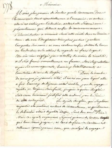 Jean-Marie ROLAND de la Platière (1734-1793) homme politique, ministre de l’Intérieur en 1792. Manuscrit signé, Mémoire, Amiens 4 novembre 1778 ; 3 pages et quart in-4 (traces d’onglet).
   Intéressant mémoire économique pour développer la papeterie française.
   Ces derniers temps, on a vu l’Angleterre « triompher partout : partout l’emporter sur nous ; et nous exclure enfin de tous les lieux où l’industrie a su attirer les regards et fixer le gout. […] Les aprêts anglois, qui supléent en partie à la matiere, en tant de circonstances, et qui donnent le débouché à tant de petites étoffes, sont dus au Sr Price. Mais ces aprets ne peuvent s’opérer qu’avec des cartons qui leur soient propres ; et l’art de faire ces cartons est tellement ignoré parmi nous, que malgré les voyages réitérés en Angleterre pour en découvrir les procédés, malgré les essais sans nombre et très coûteux […] on n’a rien fait qui vaille encore »… Ayant contesté vigoureusement un mémoire lu à l’Académie des sciences [Second mémoire sur la papeterie de Nicolas Desmarest], et souligné les difficultés d’importer les apprêts anglais par temps de guerre, Roland propose que le gouvernement encourage un Anglais naturalisé Français qui a reçu de son pays d’origine « les détails, et de la coupe des machines, et des procédés de l’art » : il demande pour lui l’exemption des droits, charges publiques, charges de milice et corvée, capitation, taille etc.