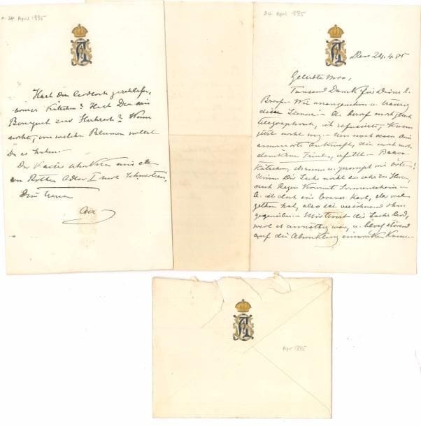 Albert, prince de SAXE-ALTENBURG (1843-1902). 56 L.A.S., 1885-1888, à sa femme Marie de Prusse ; la plupart in-8, plusieurs à son chiffre couronné ou ses armes, qqs en-têtes et enveloppes ; plus 11 télégrammes ; en allemand.
   Correspondance à sa première femme la princesse Marie de Prusse (1855-1888), veuve du Prince Henri des Pays-Bas, petite-nièce du Kaiser. La correspondance débute en avril 1885, peu avant leur mariage à Berlin le 6 mai 1885, et se termine en avril 1888, peu de temps avant la mort de la princesse survenue le 20 juin 1888 des suites de ses couches. De cette union naîtront deux filles, Olga-Elisabeth (1886-1955) et Marie (1888-1947). Correspondance intime du couple, à travers laquelle sont évoqués aussi les déplacements du prince notamment en Russie, les nouvelles de la Cour de Berlin et celles de leurs familles princières…
