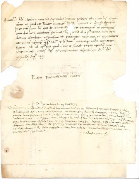 VENISE. 6 lettres ou pièces, la plupart L.A.S. commerciales concernant Venise, 1459-1698.
   Ordre de Rainaldi pour le paiement d’une quittance adressé à Girolamo Ramondo Baldi (Florence 1459 avec cachet sec au lys de Florence). Lettre en latin de Bartolomeo Chalco (Milan 28 août 1491) à son fils Agostino, secrétaire du duc, au sujet de lettres de Venise pour régler un litige entre les habitants de Caravagio et Crema et la République de Venise... 3 lettres adressées aux S. Vernaccia et Maglietti à Livourne (1695-1698), par Antonio del Medico de Venise, Gian Maria Morani de Florence, Léon Sapo de Venise.. Etc.