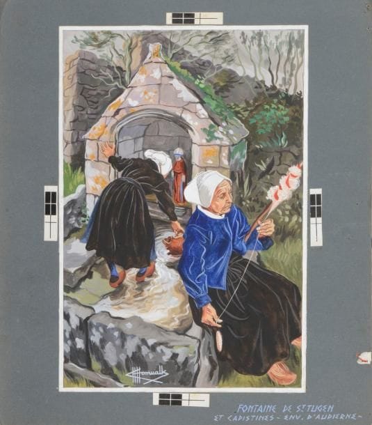 Charles Homualk (1909-1996)
Fontaine de Saint-Stugen [en réalité Tugen] et capistines (environs d’Audierne). Gouache sur vélin blanc, 219 x 318, signée en bas à gauche, collée sur vélin gris portant le titre à la gouache bleue.