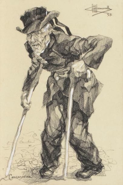 Charles Homualk (1909-1996)
Concarneau : Vieux Breton appuyé sur deux cannes ; Pêcheur au panier. 1933. Dessins à la pierre noire et à la gouache blanche sur vélin crème et vélin rosé, 215 x 322 et 186 x 295, localisés, signés et datés. Ens. 2 p.