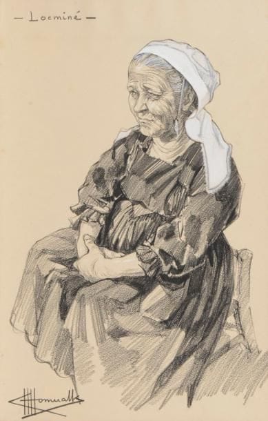 Charles Homualk (1909-1996)
Locminé : vieille femme assise. Vers 1933-1934. Dessin à la pierre noire et à la gouache blanche sur vélin crème, 227 x 352, localisé et signé. 