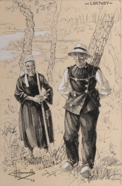 Charles Homualk (1909-1996)
Loctudy : couple de Bretons. 1933. Dessin à la pierre noire et à la gouache blanche sur vélin rosé, 201 x 306, localisé, signé et daté. 
