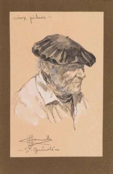 Charles Homualk (1909-1996)
Saint-Guénolé : vieux pêcheur. Vers 1933-1934. Dessin à la pierre noire et à la gouache blanche sur vélin rosé, 185 x 291, titré, signé et localisé, collé sur vélin brun. 