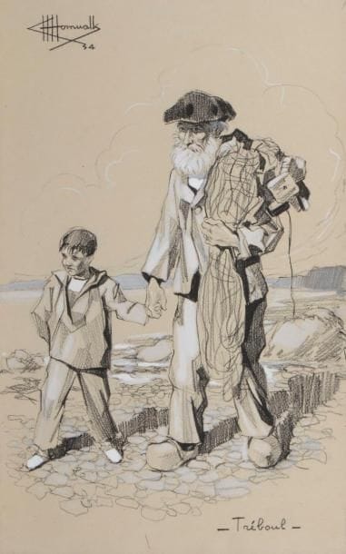 Charles Homualk (1909-1996)
Tréboul : vieux pêcheur au filet et garçonnet. 1934. Dessin à la pierre noire et à la gouache blanche sur vélin crème, 234 x 370, signé, daté et localisé.