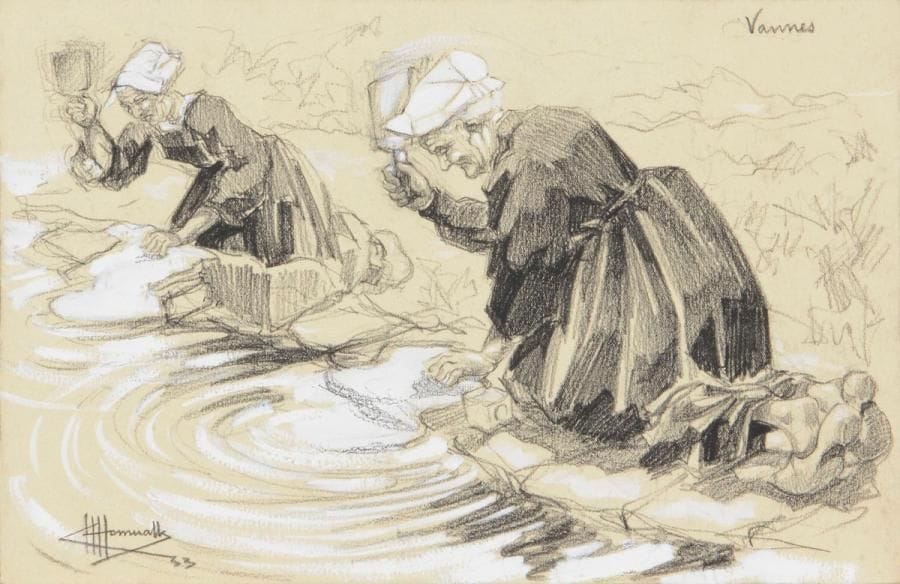 Charles Homualk (1909-1996)
Vannes : lavandières. 1933. Dessin à la pierre noire et à la gouache blanche sur vélin rosé, 325 x 210, localisé, signé et daté. 