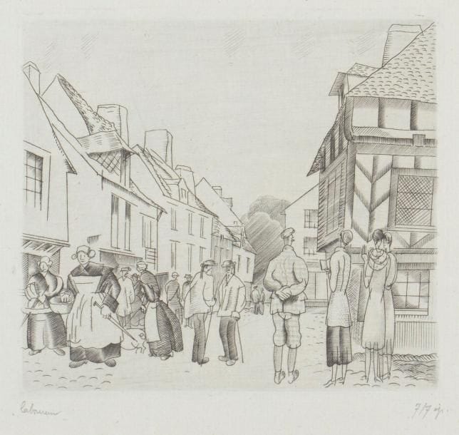 Jean-Émile Laboureur (1877-1943)
Touristes en Bretagne. 1928. Burin. 120 x 107. Laboureur 376. Très belle épreuve sur vergé ancien azuré, l’une des 7 du 2e état (sur 3), avant le monogramme. Toutes marges. Joint : Vieille femme rentrant sa vache. 1931. Burin. 90 x 112. Laboureur 444. Parfaite épreuve sur vélin, du 4e état (sur 5), avant effaçage du monogramme, signée et numérotée au crayon. Toutes marges. Ens. 2 p.