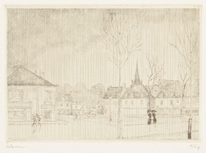 Jean-Émile Laboureur (1877-1943)
Pluie en Bretagne. 1934. Pointe sèche. 135 x 96. Laboureur 486. Très belle épreuve sur vélin blanc, l’une des 6 du 1er état (sur 2), avant le monogramme, signée et numérotée au crayon puis annotée en pied. Quelques rousseurs claires marginales. Toutes marges. Tirage définitif à 64 épreuves. 