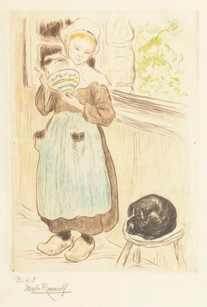 Émile Malo-Renault (1870-1938) 
La Petite chatte, Fouesnant. Vers 1925. Pointe sèche. 202 x 278. Impression en couleurs. Très belle et fraîche épreuve sur japon, annotée « B. à. t » et signée au crayon. Toutes marges. Timbre sec : Ed. Sagot éditeur, Paris (Lugt 2254). 
