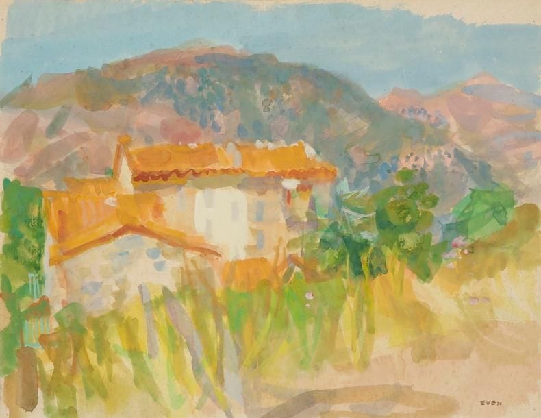 Jean Even (1910-1986) 
Paysage d’Auvergne. Aquarelle sur vélin, 652 x 495, collé sur bristol [795 x 633]. Signée en bas à droite. 