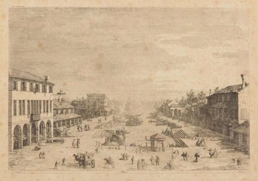 Canaletto (Antonio Canal, dit) (1697-1768)
Mestre. Vers 1740. Eau-forte. 435 x 305. Bromberg 3. Belle épreuve sur vergé, en tirage postérieur, les fonds usés, collée par les bords sur fond de cadre. Rousseurs claires, auréoles d’humidité et légère oxydation du feuillet. Toutes marges. 