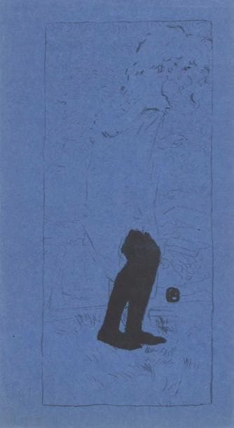 Pierre Bonnard (1867-1947) 
Jeune femme aux bas noirs. 1893. Lithographie. 127 x 286. Bouvet 27. Très belle et rare épreuve sur vélin bleu ardoise, numérotée et signée au crayon. Courts plis cassés dans l’angle inférieur gauche et dans l’angle supérieur droit. Toutes marges. Tirage à 100 épreuves.