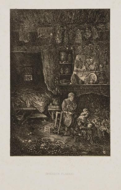 Rodolphe Bresdin (1822-1885) 
Intérieur flamand. 1873. Report sur pierre de l’eau-forte. 105 x 158. Van Gelder 86 v. Très belle épreuve sur chine appliqué, timbrée (Lugt 295b – timbre ici très pâle mais « fort rare, que Bresdin (…) réservait aux exemplaires particulièrement réussis ou remarquables », Van Gelder, t. II, p. 6). Infimes rousseurs claires sur le support. Toutes marges. 