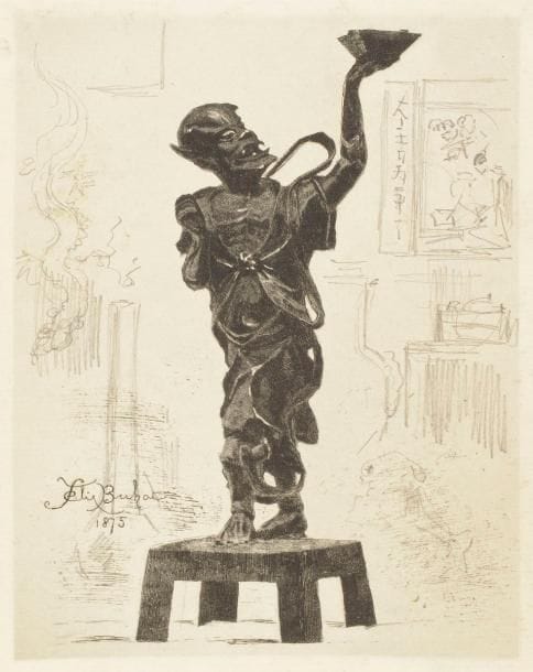 Félix Buhot (1847-1898) 
Génie bronze. (Pl. de la suite Japonisme). 1875. Eau-forte. 142 x 190. Bourcard-Goodfriend 14. Belle épreuve sur vergé, du 1er état (sur 3), à l’eau-forte pure, largement reprise à la mine de plomb dans les fonds. Inscription à la plume et à l’encre sépia au verso (« cire à coller » suivi d’un paraphe). Filets de marges.  