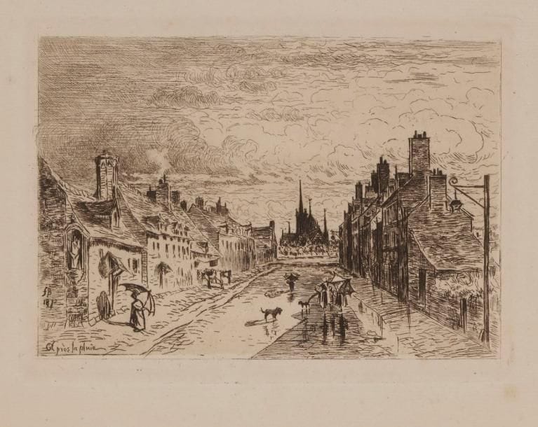 Félix Buhot (1847-1898) 
Ma petite ville (1re pl.). 1872. Eau-forte. 152 x 115. Bourcard-Goodfriend 27. Belle épreuve sur vergé, du 1er état (sur 3), avant l’aquatinte. Légère oxydation du feuillet. Quelques rousseurs claires. Ondulations dues à la pression au tirage. Belles marges.