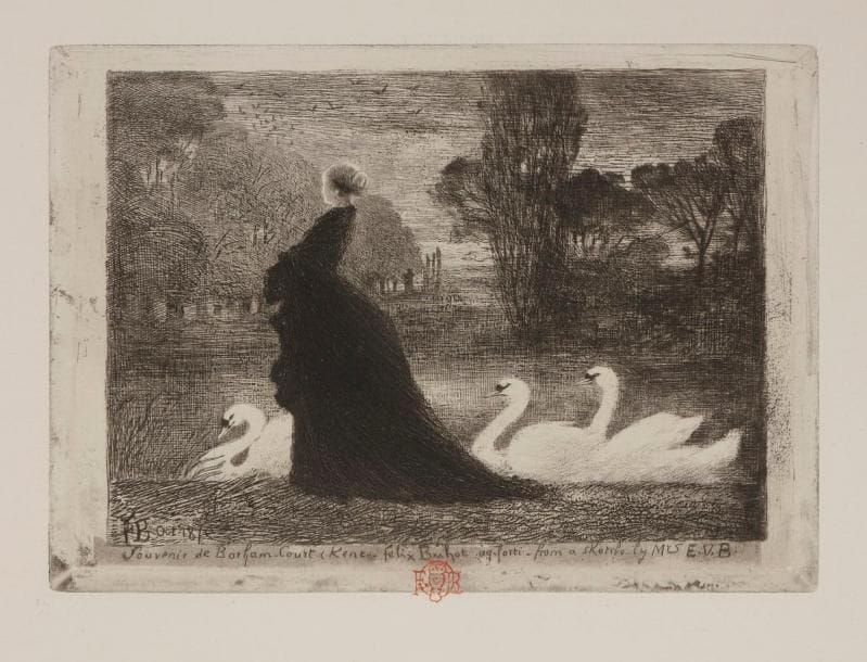 Félix Buhot (1847-1898) 
La Dame aux cygnes (Souvenir de Barham Court, Kent). 1879. Eau-forte et pointe sèche, d’après Mrs E. V. B. 182 x 133. Bourcard-Goodfriend 144. Très belle épreuve sur vergé, timbrée (Lugt 977), soigneusement lavée, avec bande claire d’oxydation persistante au bord droit. Toutes marges.