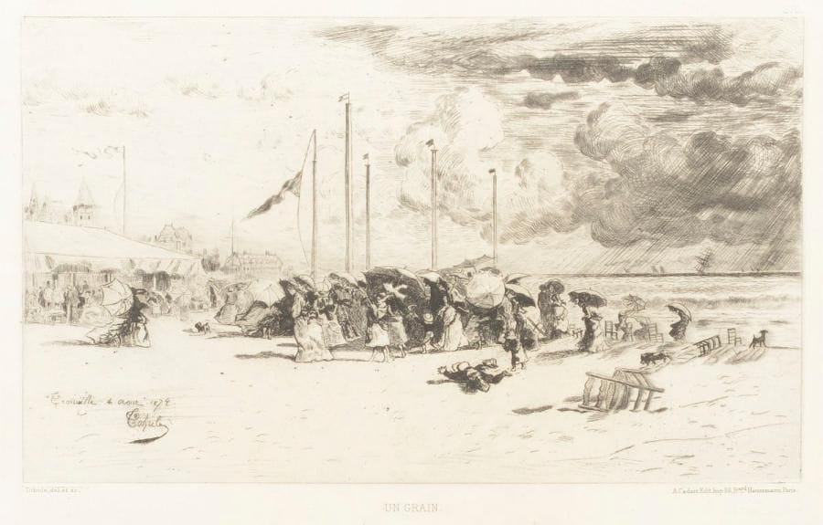 Félix Buhot (1847-1898) 
Sujets divers (Une matinée d’hiver au quai de l’Hôtel-Dieu ; Le 20 mars au Palais des Champs-Élysées ; Un grain ; Une ville d’eau, etc.) Eau-forte et pointe sèche. Formats divers. Bonnes épreuves sur vergé, la plupart en tirage Cadart, les deux premières très oxydées. Marges. Ens. 7 p.