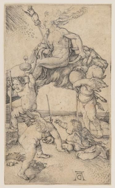 Albrecht Dürer (1471-1528)
La Sorcière. 1500. Burin. 70 x 115. Bartsch 67 ; Meder 68. Belle épreuve rognée sur le coup de planche, légèrement tardive, le visage et les cheveux de la sorcière légèrement affaiblis, collée par les angles sur feuillet de vélin. 