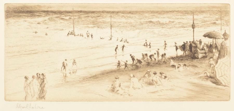 Edgar Chahine (1874-1947) 
La Petite plage (Villers-sur-Mer).1930. Pointe sèche. 265 x 116. Tabanelli 413. Très belle et fraîche épreuve sur vélin crème fort, signée au crayon. Toutes marges. 
