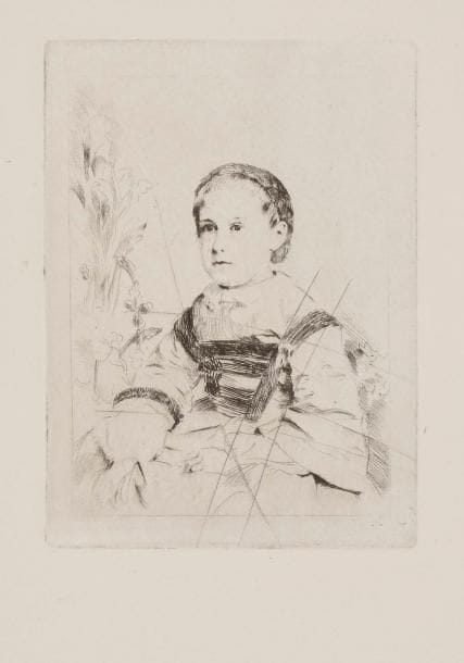 Edgar Degas (1834-1917) 
Mademoiselle Nathalie Wolkonska, 1re pl. 1860-1861. Eau-forte. 85 x 118. Delteil 7 ; Reed-Shapiro 11. Très belle épreuve sur vélin fort, du tirage effectué sur le cuivre rayé pour Ambroise Vollard (1918). Fine bande d’oxydation en pied du feuillet. Toutes marges.