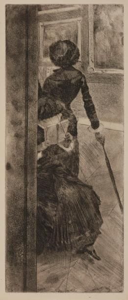 Edgar Degas (1834-1917) 
Au Louvre : la peinture (Mary Cassatt). 1879-1880. Eau-forte, vernis mou, aquatinte et pointe sèche. 125 x 303. Delteil 29 ; Reed-Shapiro 52. Très belle épreuve sur japon, du tirage effectué sur le cuivre rayé pour Ambroise Vollard (1918). Infimes traces de plis dans l’angle inférieur droit. Petites épidermures au bord gauche au verso. Toutes marges.