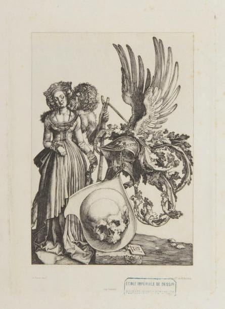 Albrecht Dürer (1471-1528) (d’après)
Les Armoiries à la tête de mort. Vers 1880. Héliogravure de E. Baldus, E. Delâtre imp. 196 x 263. Intéressante épreuve sur vergé fort, revêtue du timbre : « École impériale de dessin pour les jeunes personnes ». Rousseurs claires. Toutes marges.