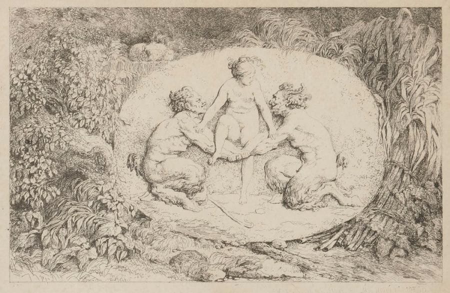 Jean-Honoré Fragonard (1732-1806)
Quatre Bacchanales, ou Jeux de satyres. Eau-forte. Chaque 210 x 145. Baudicour 6 à 9 ; I.F.F. 2 à 5. Suite complète. Belles épreuves portant chacune un numéro à la plume et à l’encre sépia dans la marge inférieure. Oxydation et menus accidents sous les passe-partout. Petites rousseurs à une pl. Cadres. 