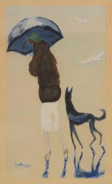 Kees van Dongen (1877-1968) 
Femme avec un chien marchant sur la plage. Vers 1925-1930. Pochoir en couleurs. À vue : 285 x 470. Juffermans M 2. Très belle épreuve sur vélin crème. Grandes marges [395 x 600]. Cadre. 