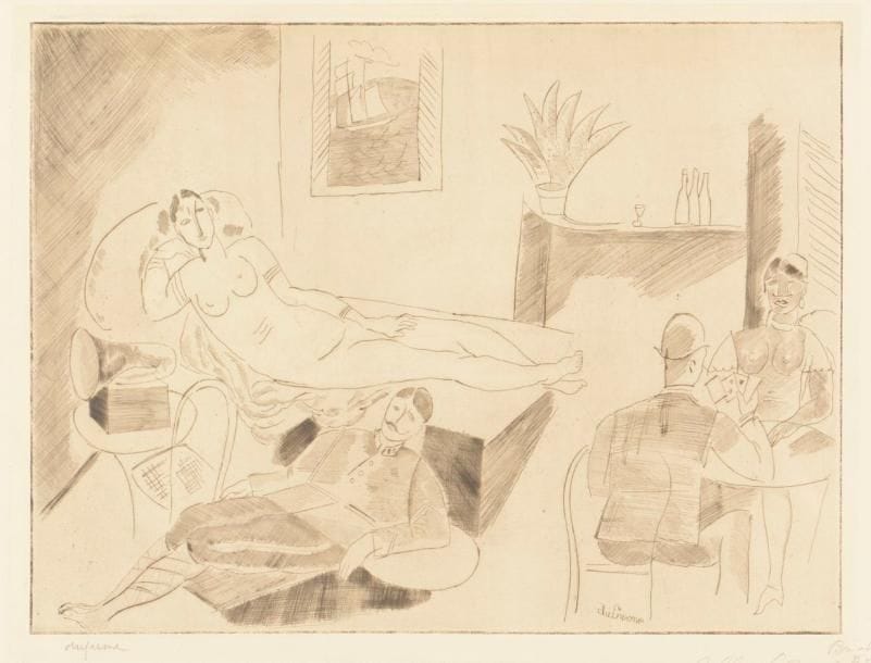 Charles Dufresne (1876-1938) 
La Partie de cartes, ou L’Artilleur, ou Le Repos. Vers 1921. Pointe sèche. 430 x 323. Dufresne 41. Très belle épreuve sur vergé, signée au crayon, annotée « Coll. L G [Le Garrec] » puis « Bon à tirer le fond essuyé / à 35 épreuves / M. Le Garrec ». Trace claire d’oxydation à l’ouverture du montage. Toutes marges. Timbre sec : Ed. Sagot éditeur, Paris (Lugt 2254). 