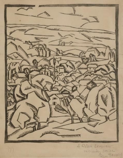 André Favory (1888-1937) 
Paysage. 1915. Bois gravé. 204 x 255. Belle épreuve sur vergé, datée, dédicacée « A Robert Lemercier / en grande amitié » et signée au crayon. Un point de rouille dans le ciel. Traces de plis et plusieurs courtes déchirures au bord droit, certaines pénétrant légèrement dans le sujet. Marges. Cadre. 