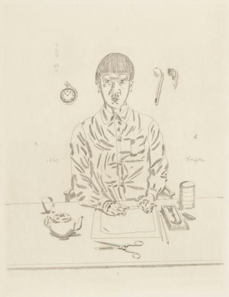 Léonard-Tsuguharu Foujita (1886-1968) 
Autoportrait. 1923. Eau-forte. 320 x 415. Johnson 58 ; Buisson 23-2. Très belle épreuve exceptionnellement tirée sur japon, non signée comme à l’ordinaire. Petite trace de frottement en travers du coup de planche à gauche. Certificat de Mme Buisson dans l’angle inférieur droit au verso. Toutes marges. Tirage à 100 épreuves. A. Vollard éd. 