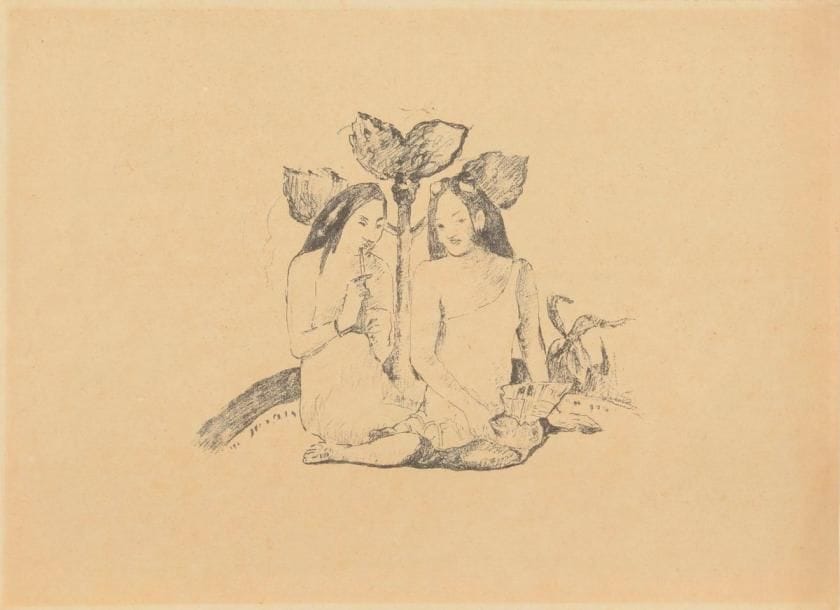 Paul Gauguin (1848-1903) 
Deux femmes maories accroupies. 1894-1895. Zincographie. 198 x 160. Mongan, Kornfeld et Joachim 26 ; A. et A. Bonafous-Murat, Maurice Dumont et L’Épreuve, 22. Très belle épreuve sur vélin glacé crème, légèrement oxydée, numérotée au composteur au verso. Toutes marges. Tirage à 225 épreuves pour L’Épreuve, Album d’Art.
