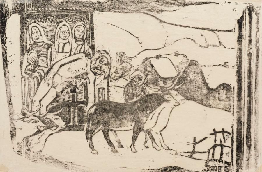 Paul Gauguin (1848-1903) 
Le Calvaire breton. 1898-1899. Gravure sur bois. 228 x 152. Mongan, Kornfeld et Joachim 50 B. Très belle épreuve sur japon pelure, avec l’initiale « P » et le numéro à l’encre, fixée par des pattes de papier gommé aux quatre angles sur support de vélin. La partie inférieure du sujet irrégulièrement venue au sujet. Fines traces de plis dans le sujet. Tirage à environ 35 épreuves. Ex-coll. H.-M. Petiet (Lugt 5031).
