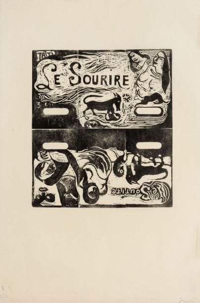 Paul Gauguin (1848-1903) 
Titres pour « Le Sourire ». 1899-1900. Gravure sur bois. 183 x 206. Mongan, Kornfeld et Joachim 58 C et 69 III B. Très belle et fraîche épreuve sur japon vergé mince, des deux sujets tirés bord à bord et tête-bêche, portant dans l’angle inférieur droit le nom de Druet au crayon. Toutes marges non ébarbées. Tirage à quelques épreuves effectué en 1918 par Pierre Gusman pour Eugène Druet. Épreuve citée par Mongan, Kornfeld et Joachim (une autre épreuve similaire est conservée à la Bibliothèque nationale). Joint : reproduction du 1er sujet sur vélin mince blanc avec texte typographié au verso (pour illustrer un catalogue d’exposition). Ex-coll. H.-M. Petiet (Lugt 5031). Ens. 2 p.