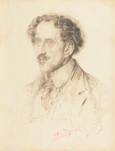Henry de Groux (1866-1930) 
Portrait d’homme. Dessin au fusain sur vélin, [500 x 650], signé au crayon rouge en pied. Menus accidents et petits trous aux bords du feuillet. 